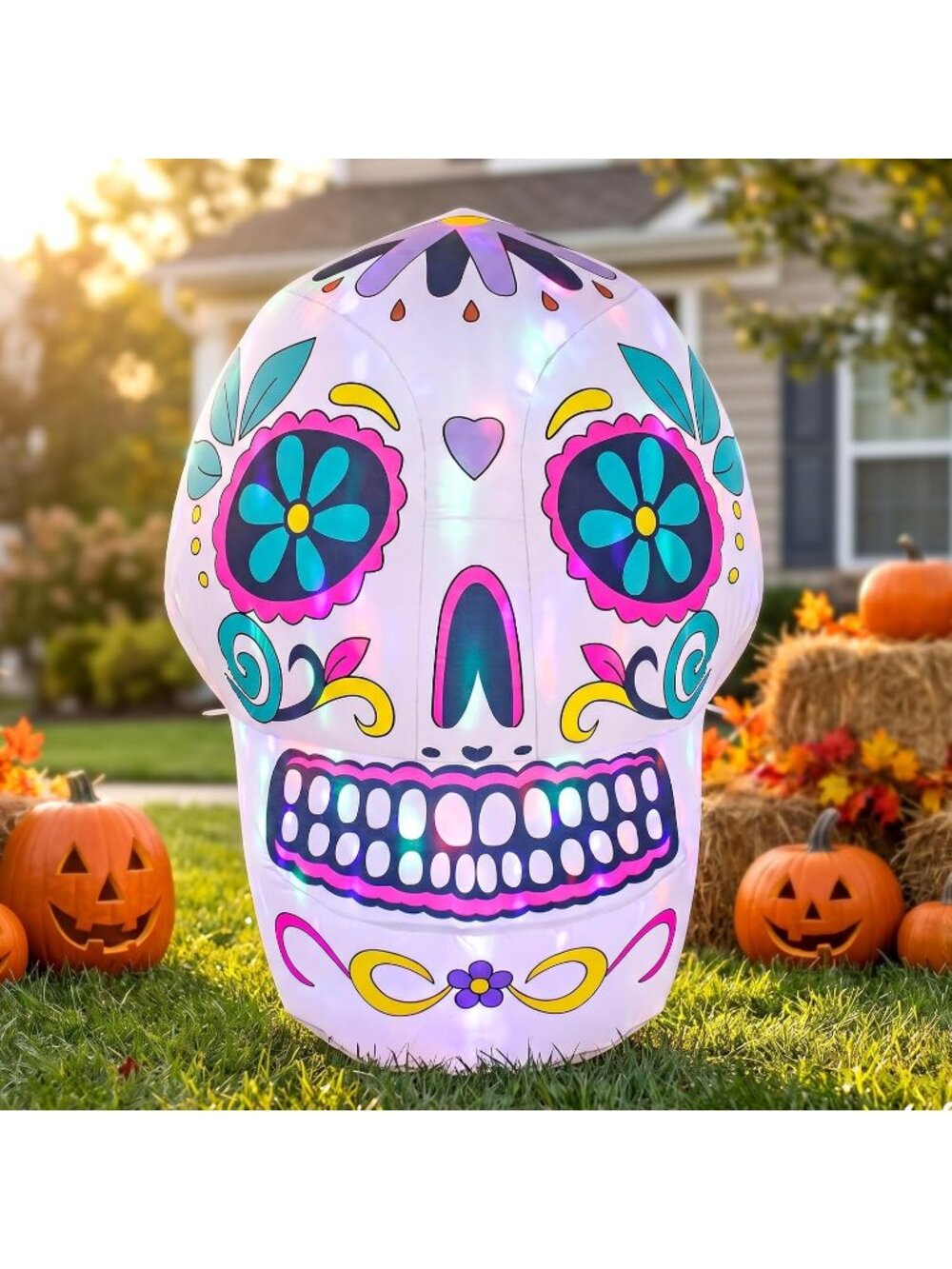 4ft Colorful Sugar Skull Inflatable LED Halloween Yard Decor LED Glow For Yard